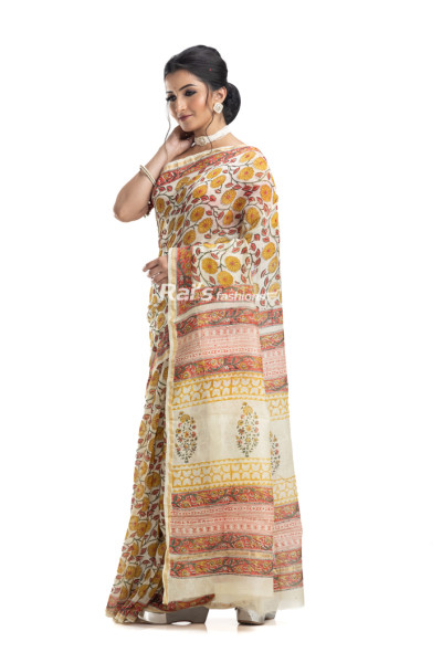 Off White Chanderi Silk Saree With All Over Floral Print And Golden Zari Border (KR2231)